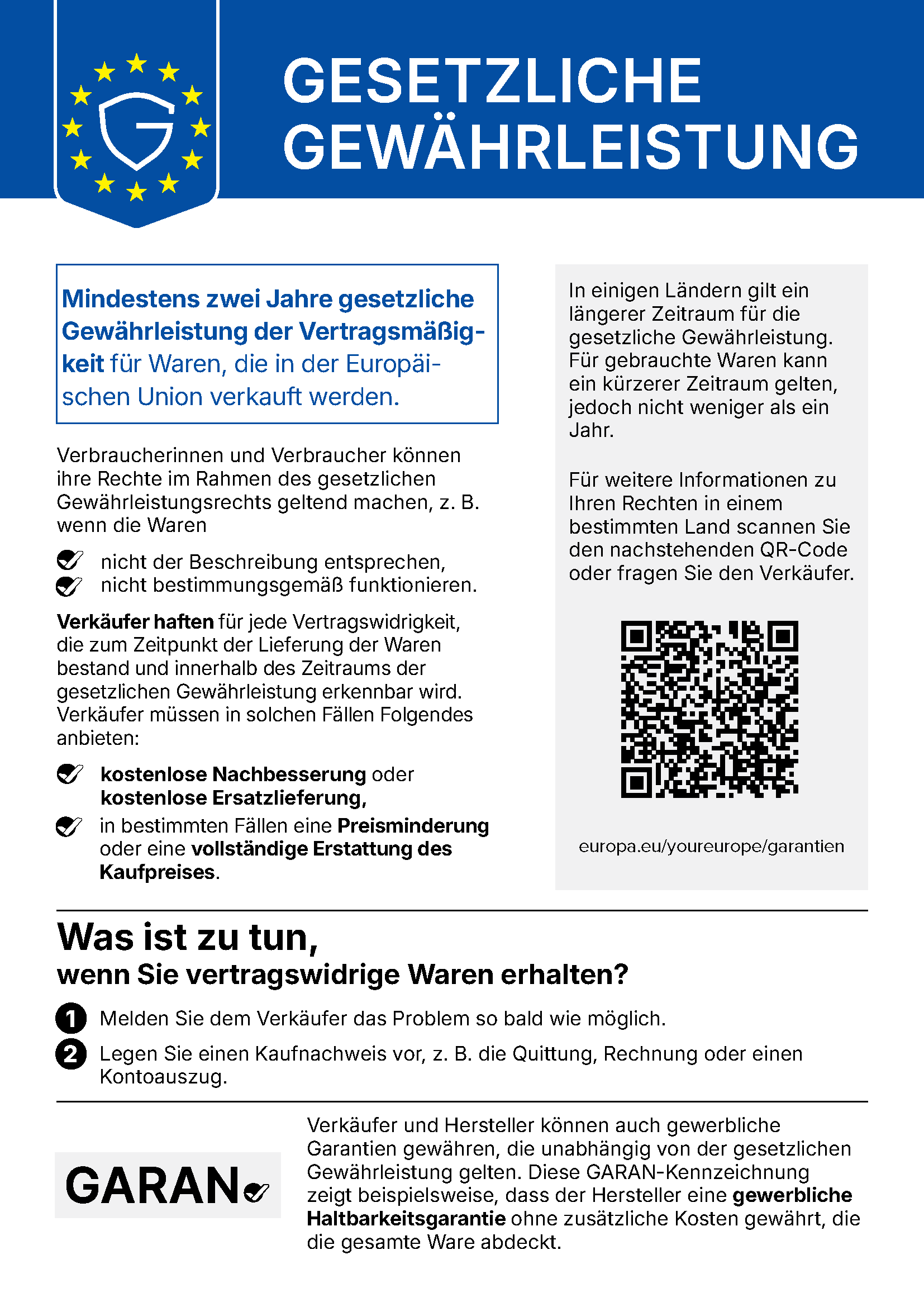 Harmonisierter EU-Hinweis: Gesetzliche Gewährleistung – mindestens zwei Jahre gesetzliche Gewährleistung der Vertragsmäßigkeit für Waren, die in der Europäischen Union verkauft werden