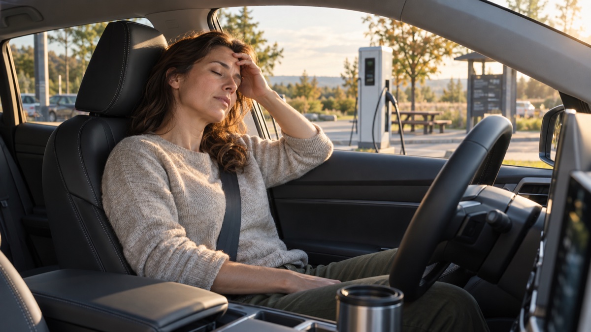 Elektrosmog im Elektroauto: Müde Frau am Steuer eines modernen Autos